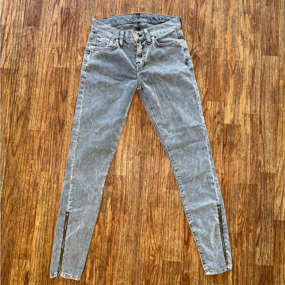 7 For All Mankind Gray Corduroy Skinny Jeans with Gold Zipper Ankle Size 25